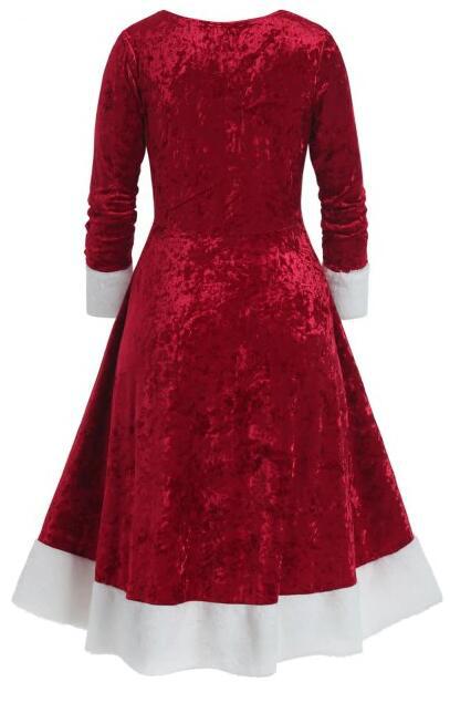 European and American New Autumn and Winter Stitching Contrast Color Tight Waist Pleuche Dress Christmas Style Dress for Women