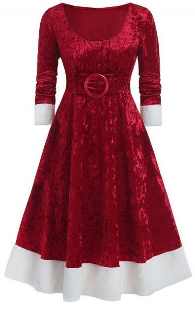 European and American New Autumn and Winter Stitching Contrast Color Tight Waist Pleuche Dress Christmas Style Dress for Women