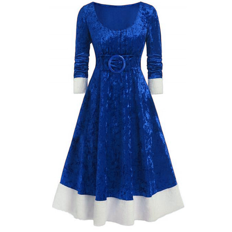 European and American New Autumn and Winter Stitching Contrast Color Tight Waist Pleuche Dress Christmas Style Dress for Women