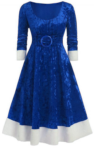 European and American New Autumn and Winter Stitching Contrast Color Tight Waist Pleuche Dress Christmas Style Dress for Women