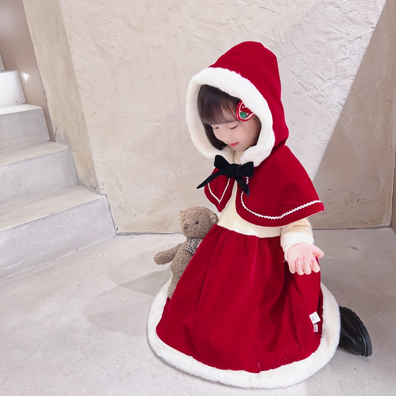 Christmas Style Children&#039;s Clothing 2021 Winter Girls&#039; Little Red Riding Hood Hooded Shawl + Velvet Padded Dress Suit Baby Girls&#039; Clothes