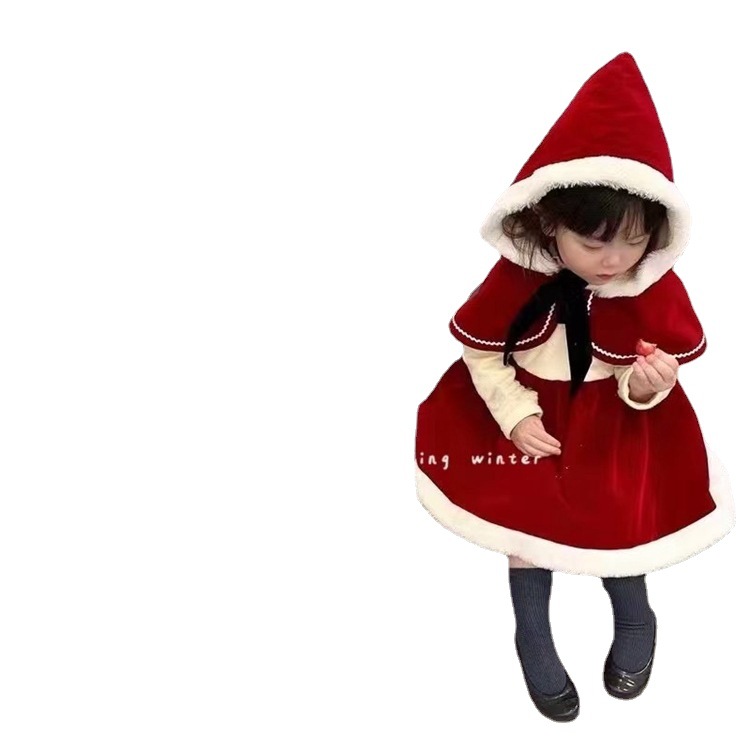 Christmas Style Children&#039;s Clothing 2021 Winter Girls&#039; Little Red Riding Hood Hooded Shawl + Velvet Padded Dress Suit Baby Girls&#039; Clothes