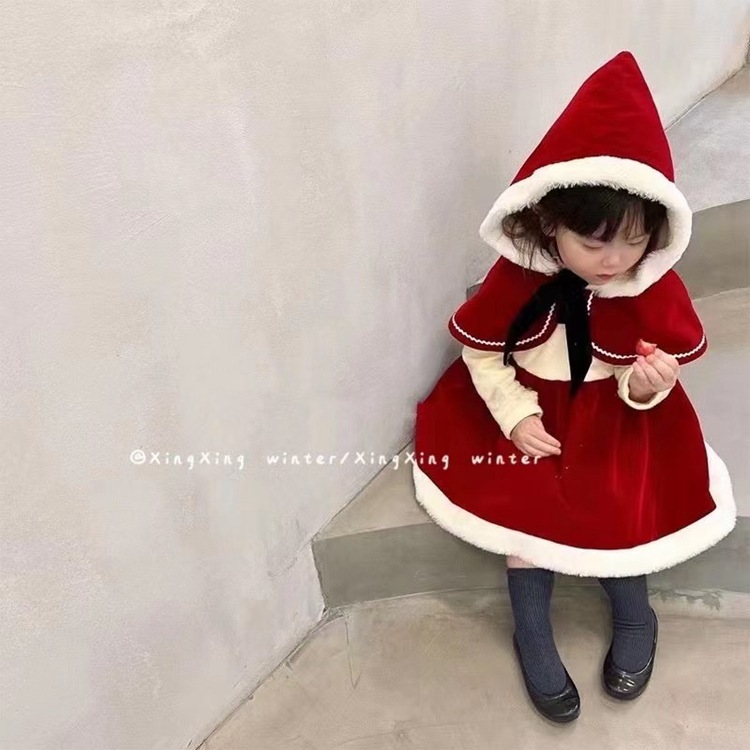 Christmas Style Children's Clothing 2021 Winter Girls' Little Red Riding Hood Hooded Shawl + Velvet Padded Dress Suit Baby Girls' Clothes