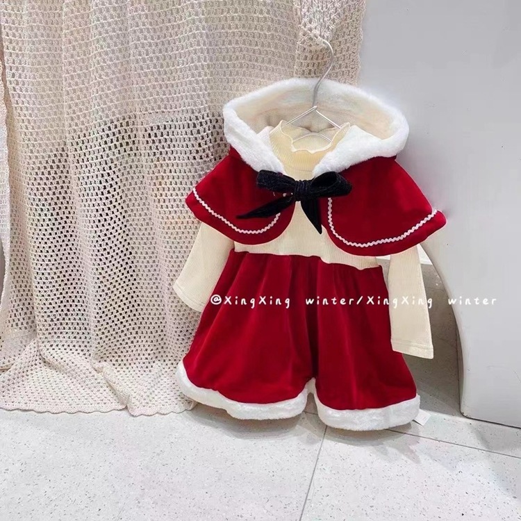 Christmas Style Children's Clothing 2021 Winter Girls' Little Red Riding Hood Hooded Shawl + Velvet Padded Dress Suit Baby Girls' Clothes