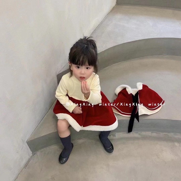 Christmas Style Children's Clothing 2021 Winter Girls' Little Red Riding Hood Hooded Shawl + Velvet Padded Dress Suit Baby Girls' Clothes