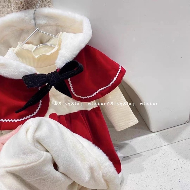 Christmas Style Children's Clothing 2021 Winter Girls' Little Red Riding Hood Hooded Shawl + Velvet Padded Dress Suit Baby Girls' Clothes
