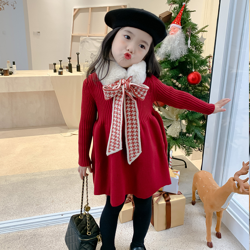 Girls&#039; Woolen Dress 2021 Autumn and Winter Children New Year Dress Children&#039;s Winter Clothing Thickened Long Section Christmas Dress