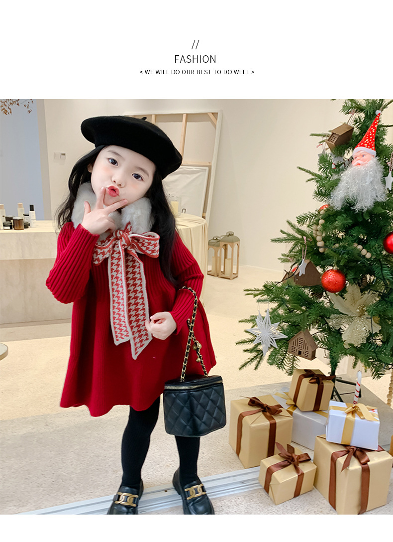 Girls' Woolen Dress 2021 Autumn and Winter Children New Year Dress Children's Winter Clothing Thickened Long Section Christmas Dress