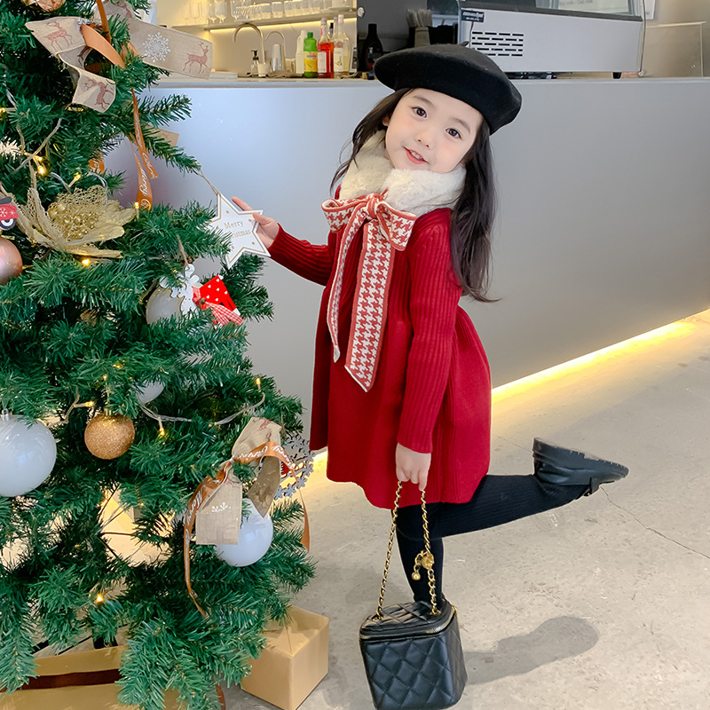 Girls&#039; Woolen Dress 2021 Autumn and Winter Children New Year Dress Children&#039;s Winter Clothing Thickened Long Section Christmas Dress