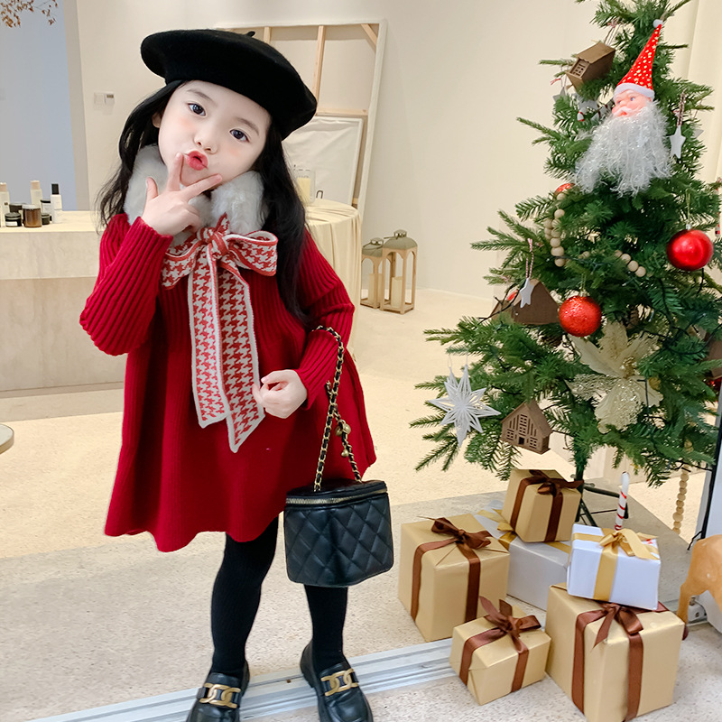 Girls&#039; Woolen Dress 2021 Autumn and Winter Children New Year Dress Children&#039;s Winter Clothing Thickened Long Section Christmas Dress