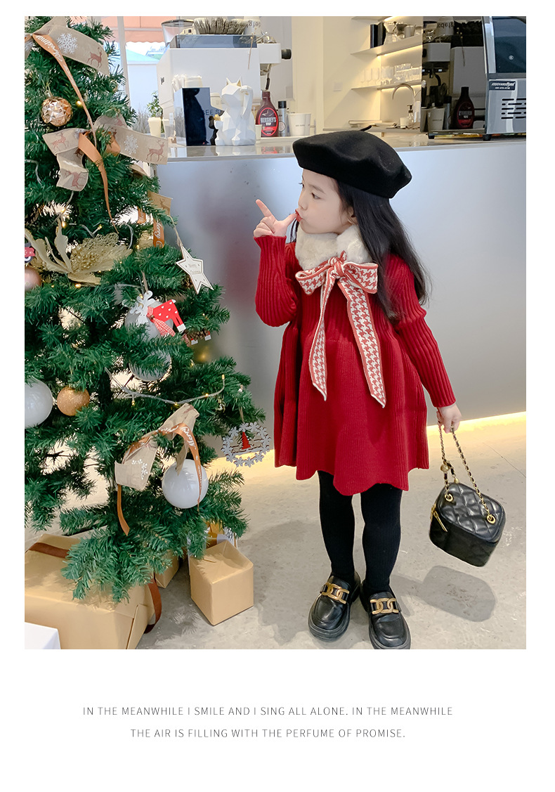 Girls' Woolen Dress 2021 Autumn and Winter Children New Year Dress Children's Winter Clothing Thickened Long Section Christmas Dress