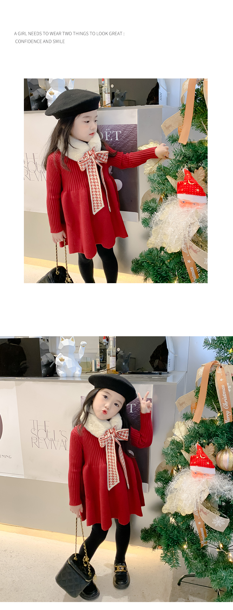 Girls' Woolen Dress 2021 Autumn and Winter Children New Year Dress Children's Winter Clothing Thickened Long Section Christmas Dress