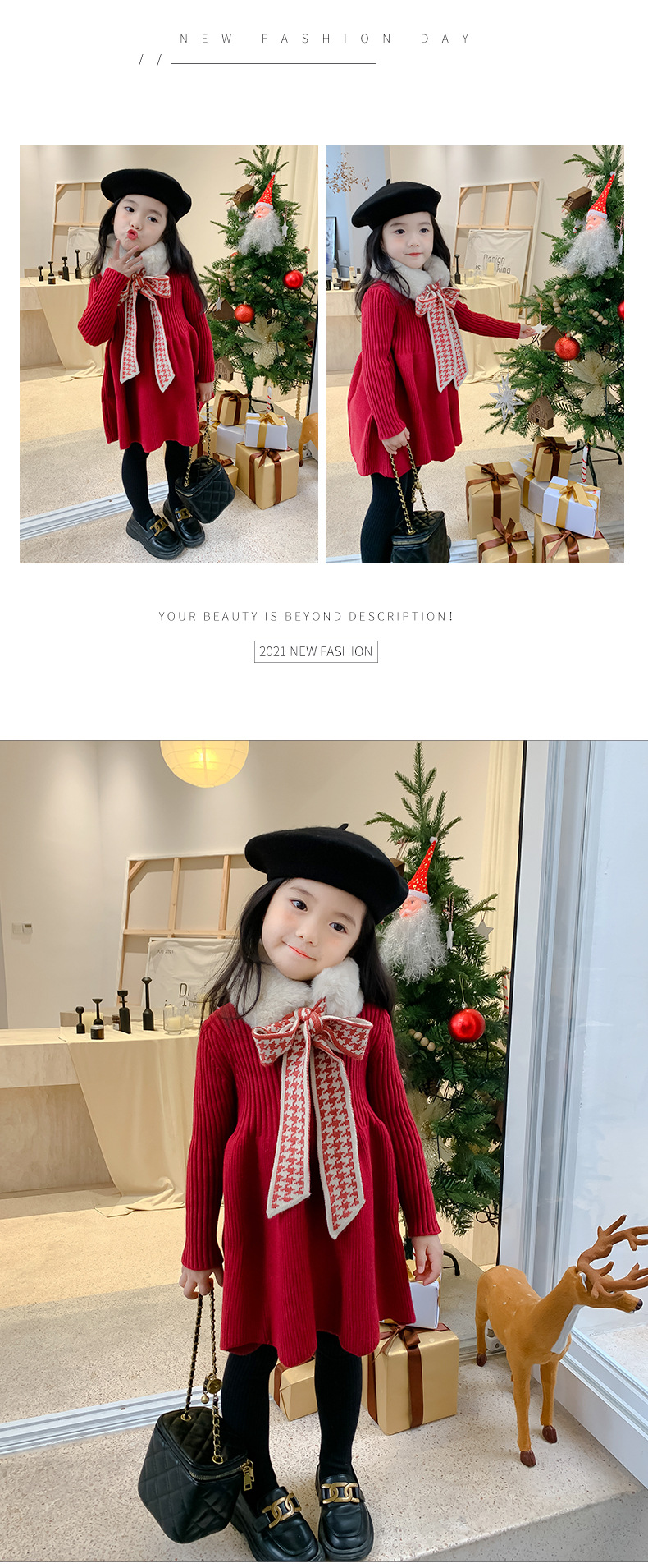 Girls' Woolen Dress 2021 Autumn and Winter Children New Year Dress Children's Winter Clothing Thickened Long Section Christmas Dress