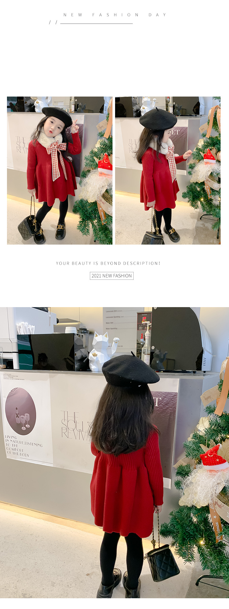 Girls' Woolen Dress 2021 Autumn and Winter Children New Year Dress Children's Winter Clothing Thickened Long Section Christmas Dress
