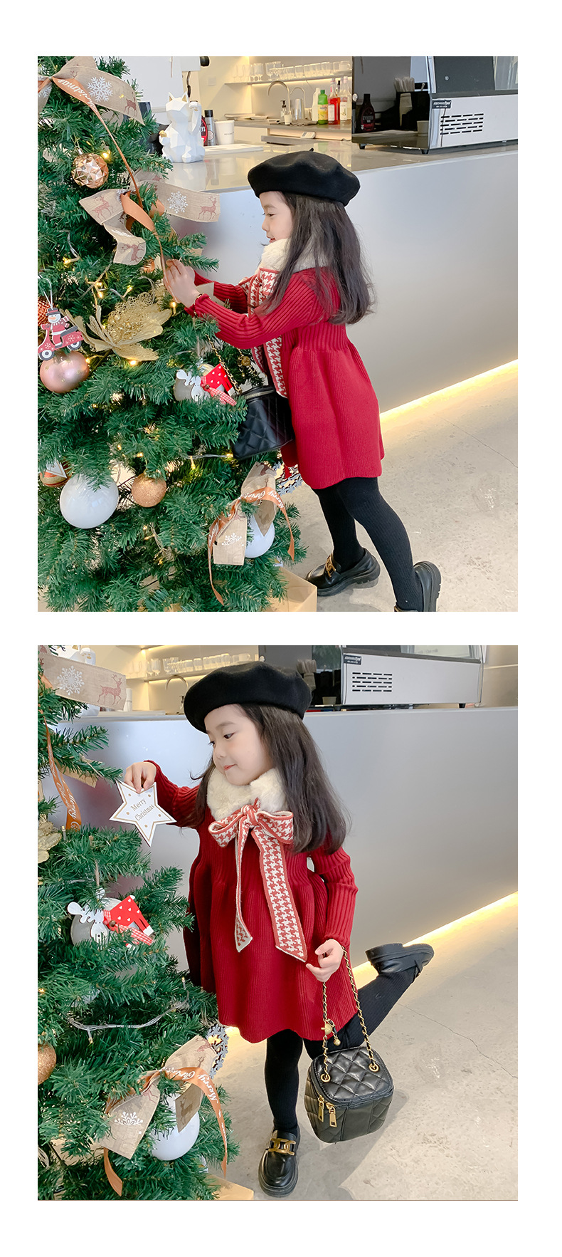Girls' Woolen Dress 2021 Autumn and Winter Children New Year Dress Children's Winter Clothing Thickened Long Section Christmas Dress