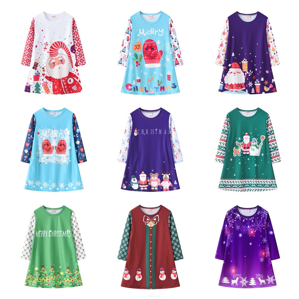 Girls&#039; Dress Christmas Clothing Cartoon Digital Printed round Neck Long Sleeve Princess Dress Autumn New Kids&#039; Skirt