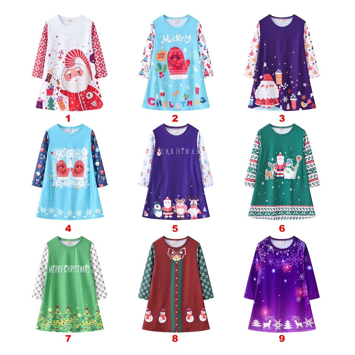 Girls' Dress Christmas Clothing Cartoon Digital Printed round Neck Long Sleeve Princess Dress Autumn New Kids' Skirt