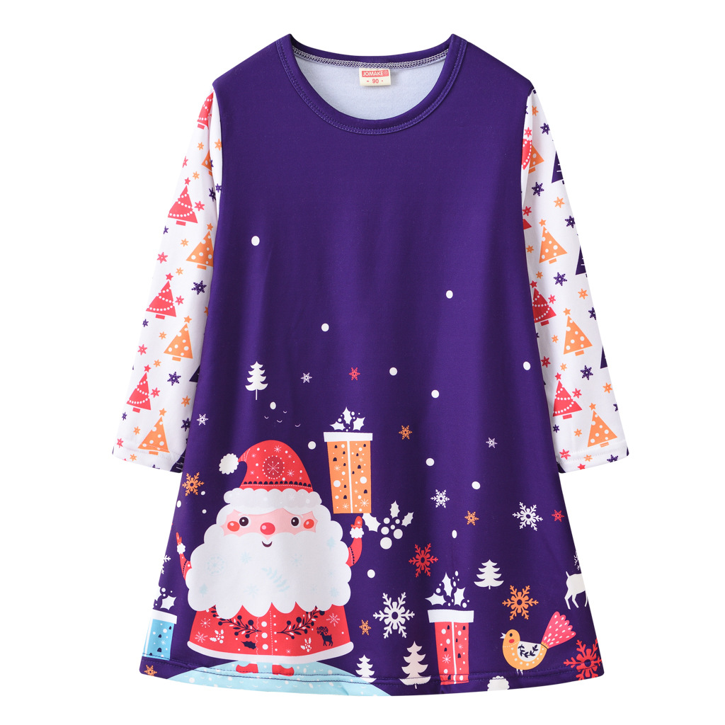 Girls' Dress Christmas Clothing Cartoon Digital Printed round Neck Long Sleeve Princess Dress Autumn New Kids' Skirt