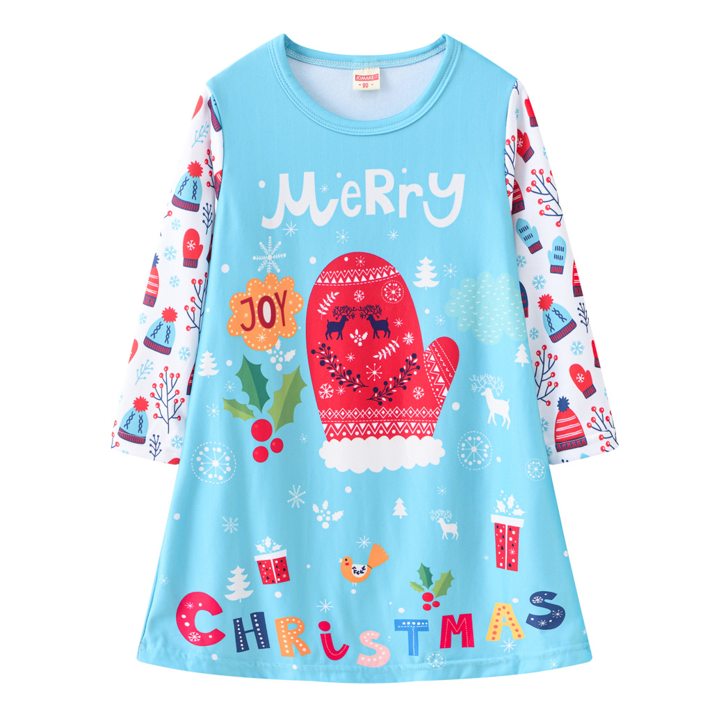 Girls' Dress Christmas Clothing Cartoon Digital Printed round Neck Long Sleeve Princess Dress Autumn New Kids' Skirt