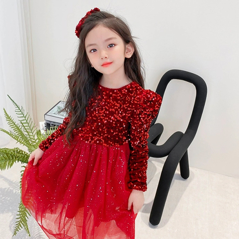 Girls&#039; Dress 2021 New Western Style Christmas Autumn and Winter Birthday Dress Princess Dress Kids&#039; Skirt Sequined Dress