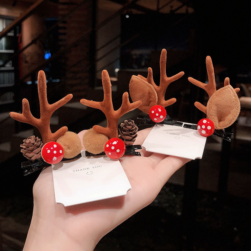Christmas Barrettes New Plush Christmas Flocking Elk Horn Hairpin Hair Ornaments Children&#039;s Festival Dress up Headwear Wholesale