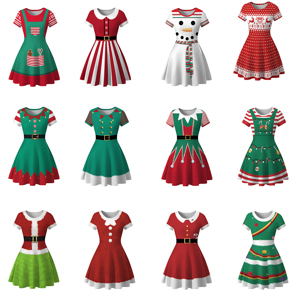 Cross-Border Hot Christmas Digital Printed Dress Short Sleeve round Neck Pleated Skirt Temperament Waist-Controlled Large Swing Skirt for Women