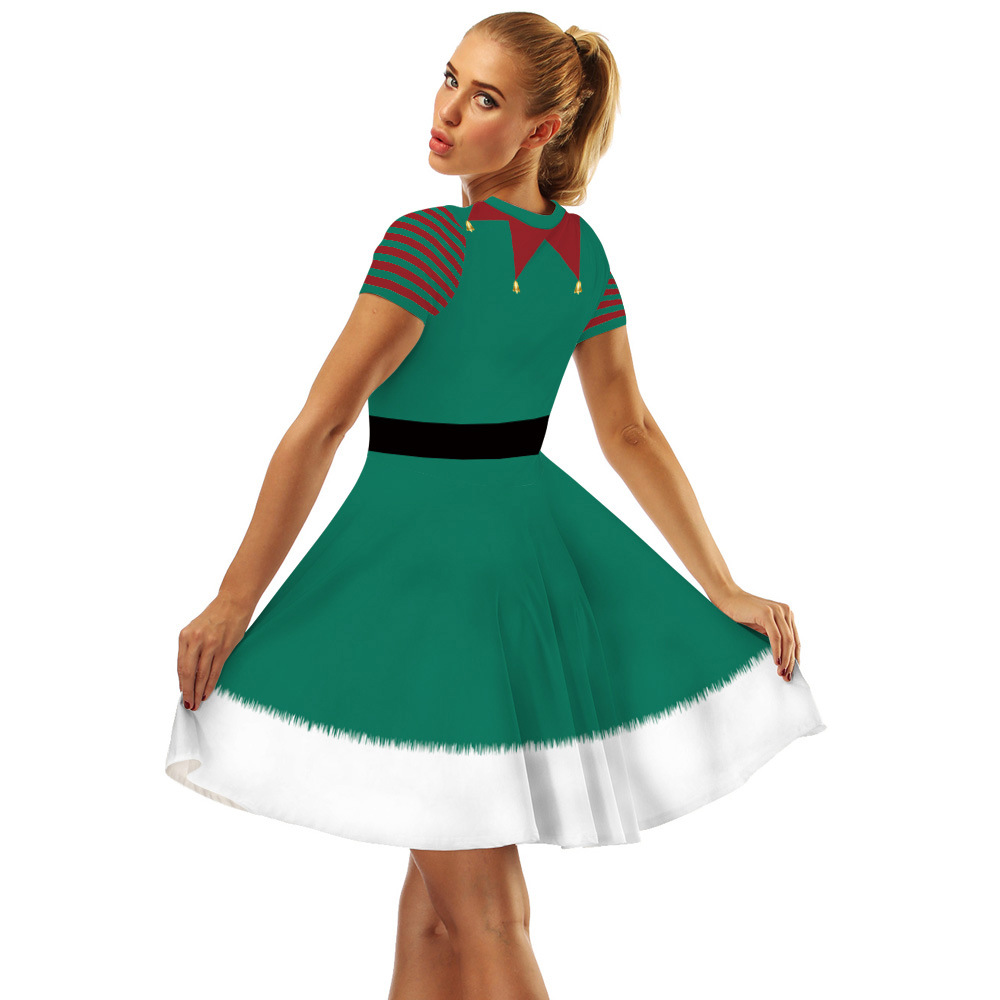 Cross-Border Hot Christmas Digital Printed Dress Short Sleeve round Neck Pleated Skirt Temperament Waist-Controlled Large Swing Skirt for Women