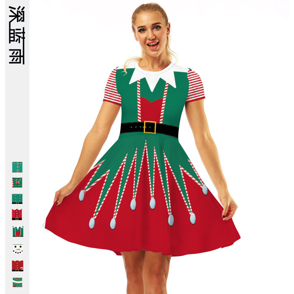 Cross-Border Hot Christmas Digital Printed Dress Short Sleeve round Neck Pleated Skirt Temperament Waist-Controlled Large Swing Skirt for Women