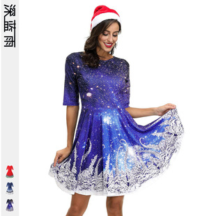 Cross-Border Hot Christmas Digital Printed Dress Short Sleeve round Neck Pleated Skirt Temperament Waist-Controlled Large Swing Skirt for Women