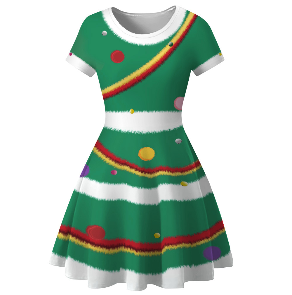 Cross-Border Hot Christmas Digital Printed Dress Short Sleeve round Neck Pleated Skirt Temperament Waist-Controlled Large Swing Skirt for Women