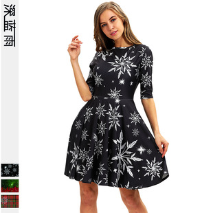 Cross-Border Hot Christmas Digital Printed Dress Short Sleeve round Neck Pleated Skirt Temperament Waist-Controlled Large Swing Skirt for Women