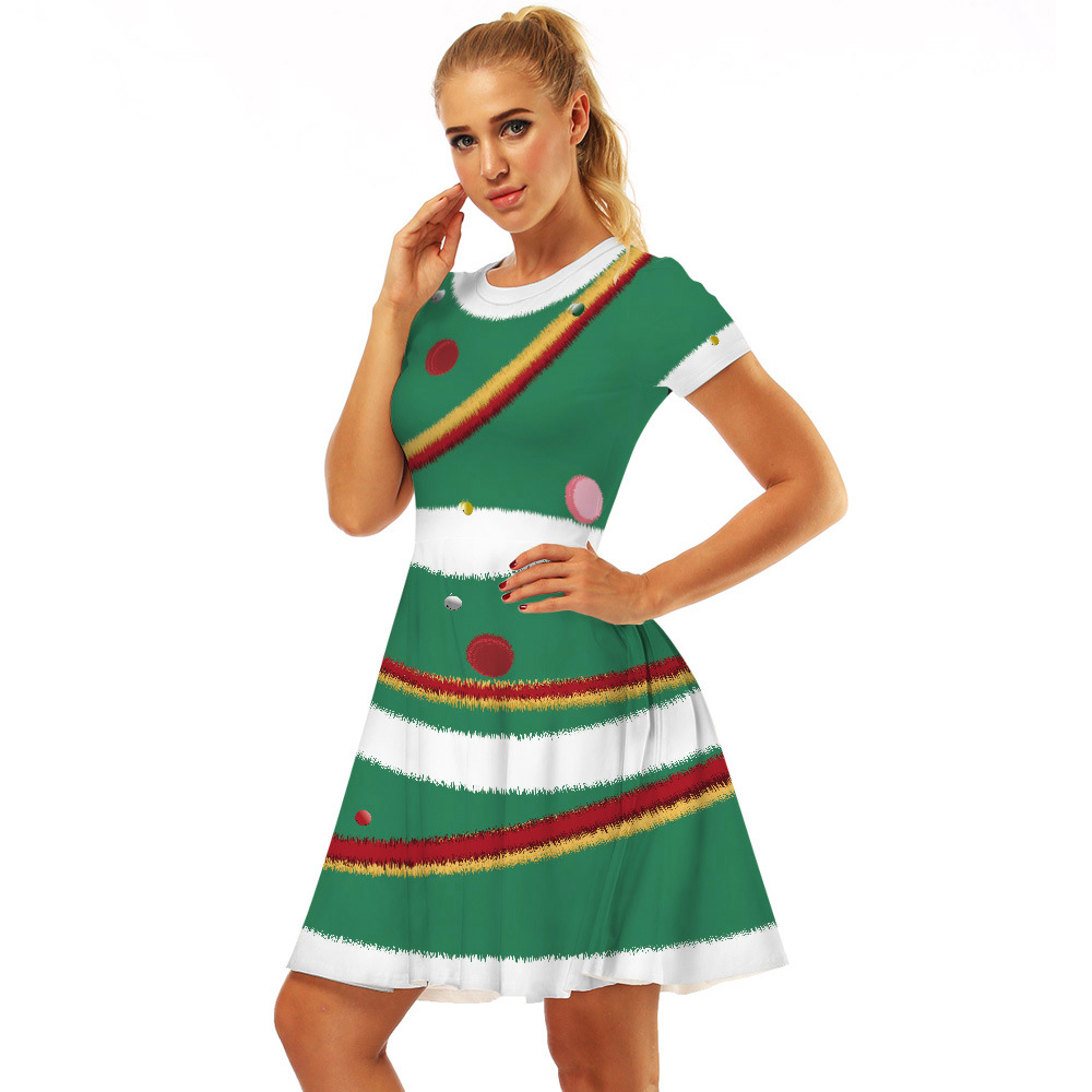 Cross-Border Hot Christmas Digital Printed Dress Short Sleeve round Neck Pleated Skirt Temperament Waist-Controlled Large Swing Skirt for Women