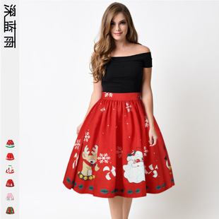 Cross-Border Hot Christmas Digital Printed Dress Short Sleeve round Neck Pleated Skirt Temperament Waist-Controlled Large Swing Skirt for Women