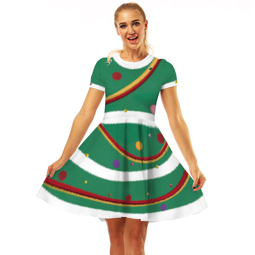 Cross-Border Hot Christmas Digital Printed Dress Short Sleeve round Neck Pleated Skirt Temperament Waist-Controlled Large Swing Skirt for Women