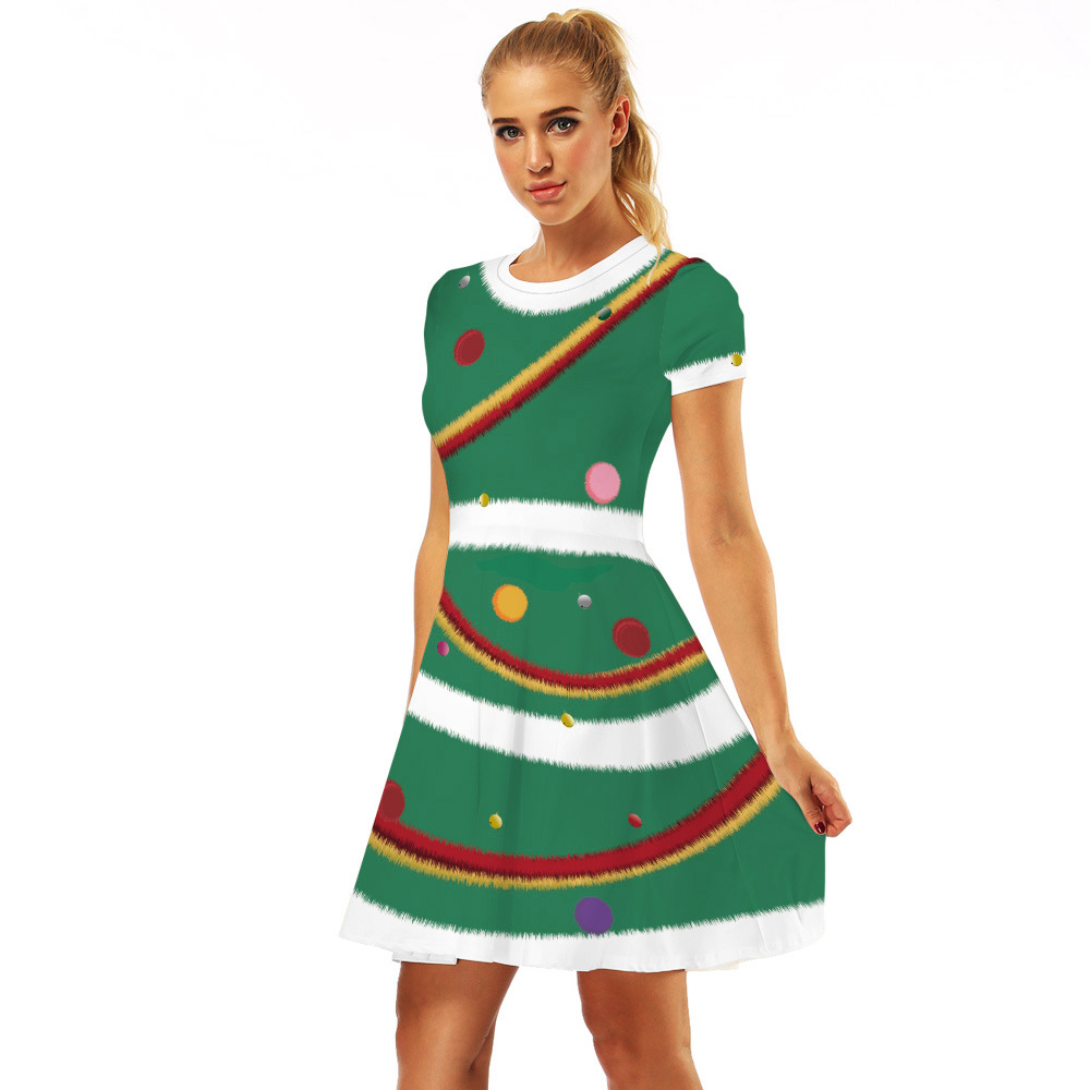 Cross-Border Hot Christmas Digital Printed Dress Short Sleeve round Neck Pleated Skirt Temperament Waist-Controlled Large Swing Skirt for Women