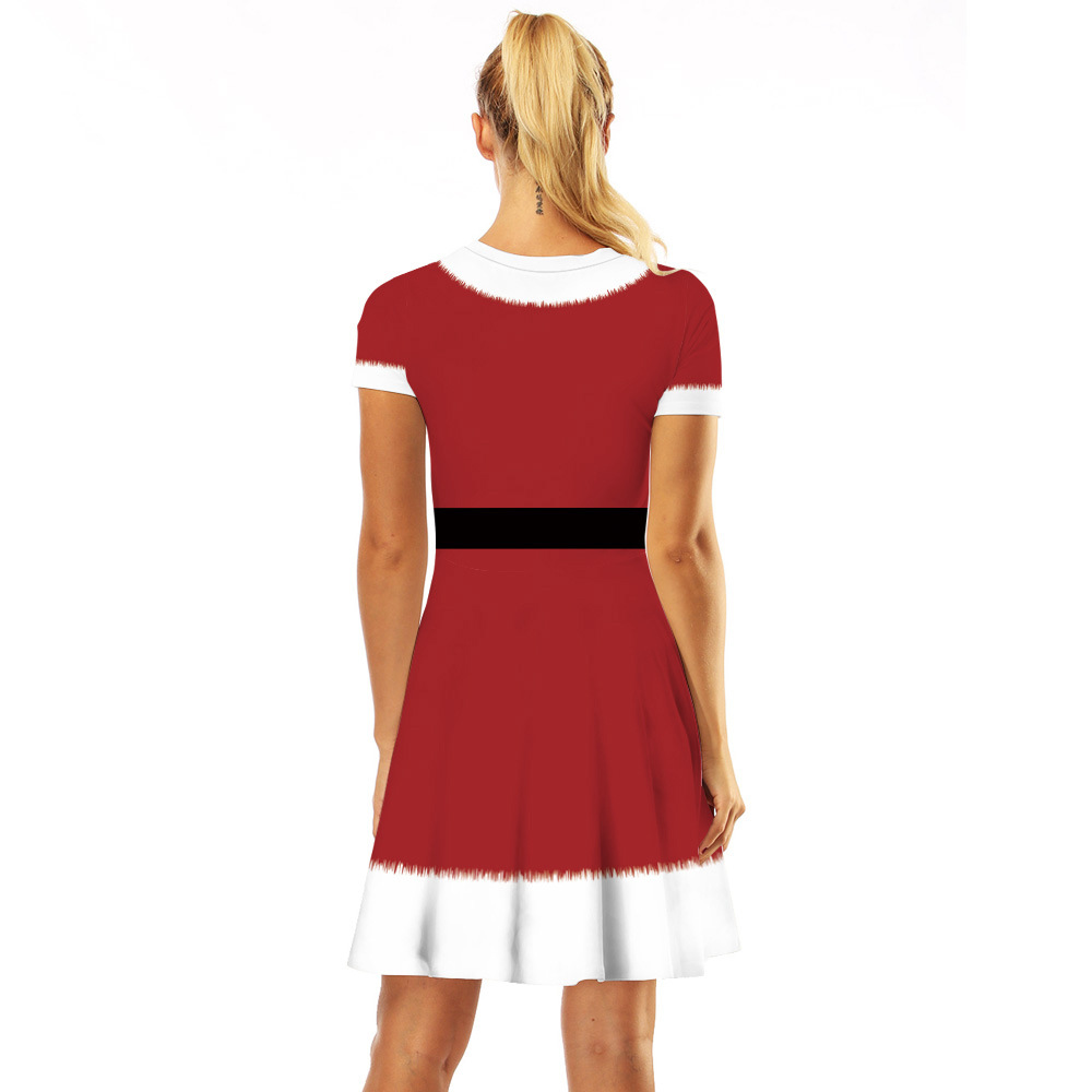 Cross-Border Hot Christmas Digital Printed Dress Short Sleeve round Neck Pleated Skirt Temperament Waist-Controlled Large Swing Skirt for Women