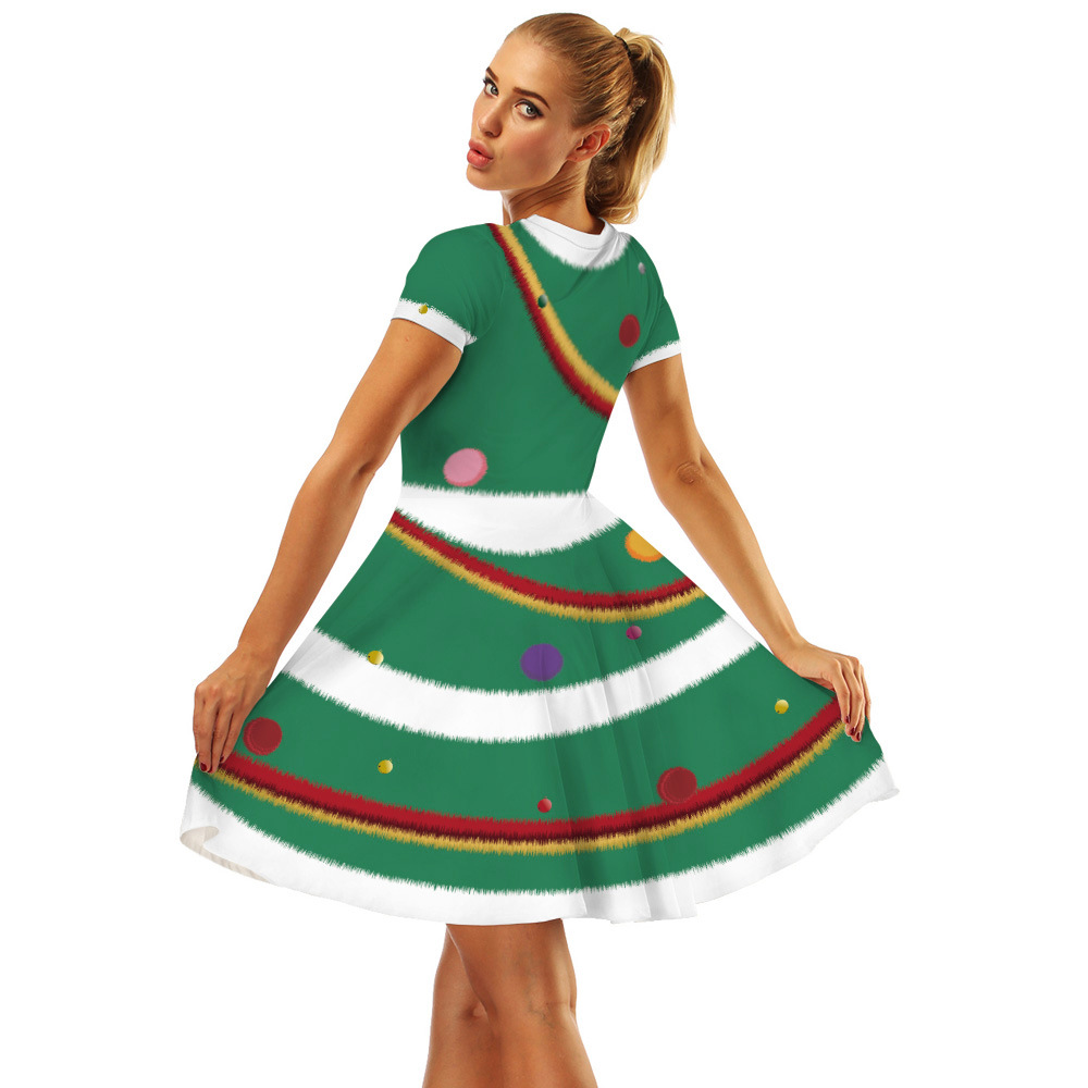 Cross-Border Hot Christmas Digital Printed Dress Short Sleeve round Neck Pleated Skirt Temperament Waist-Controlled Large Swing Skirt for Women