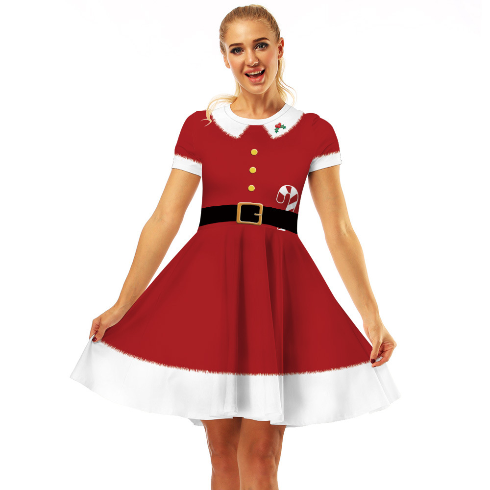 Cross-Border Hot Christmas Digital Printed Dress Short Sleeve round Neck Pleated Skirt Temperament Waist-Controlled Large Swing Skirt for Women