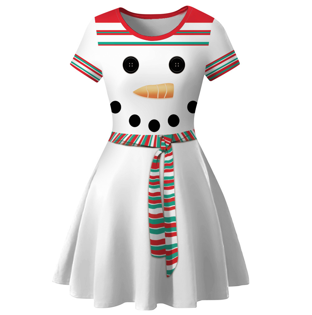 Cross-Border Hot Christmas Digital Printed Dress Short Sleeve round Neck Pleated Skirt Temperament Waist-Controlled Large Swing Skirt for Women