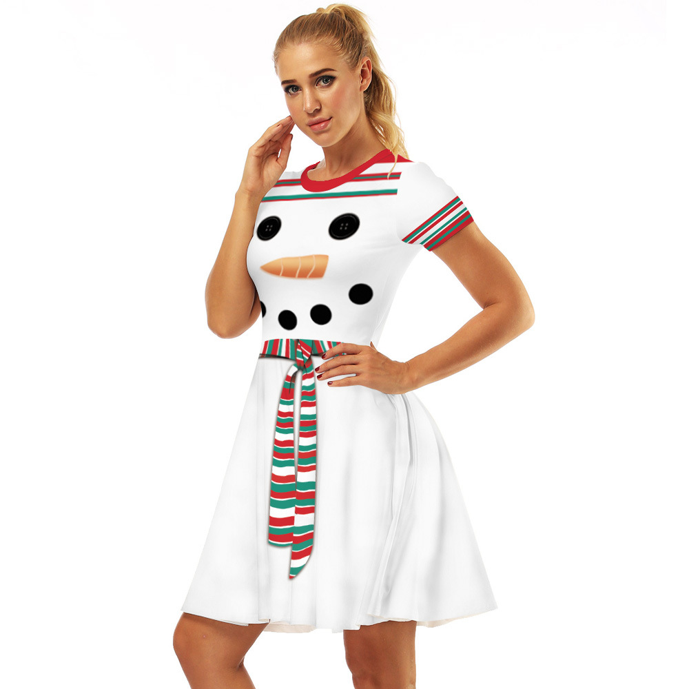 Cross-Border Hot Christmas Digital Printed Dress Short Sleeve round Neck Pleated Skirt Temperament Waist-Controlled Large Swing Skirt for Women