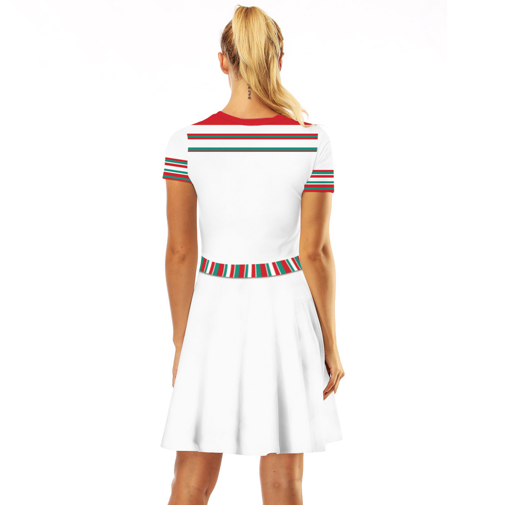 Cross-Border Hot Christmas Digital Printed Dress Short Sleeve round Neck Pleated Skirt Temperament Waist-Controlled Large Swing Skirt for Women