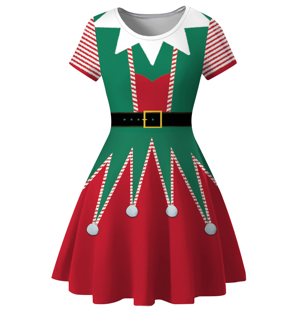 Cross-Border Hot Christmas Digital Printed Dress Short Sleeve round Neck Pleated Skirt Temperament Waist-Controlled Large Swing Skirt for Women