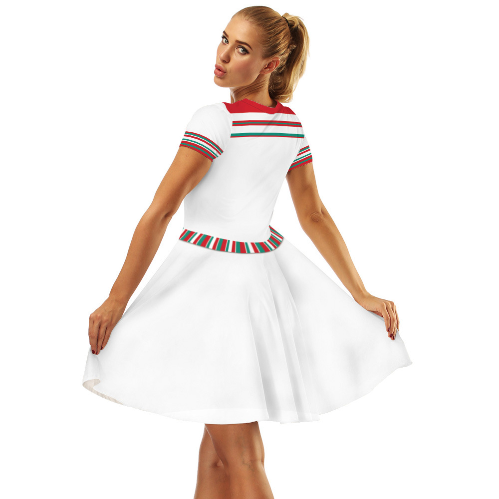 Cross-Border Hot Christmas Digital Printed Dress Short Sleeve round Neck Pleated Skirt Temperament Waist-Controlled Large Swing Skirt for Women