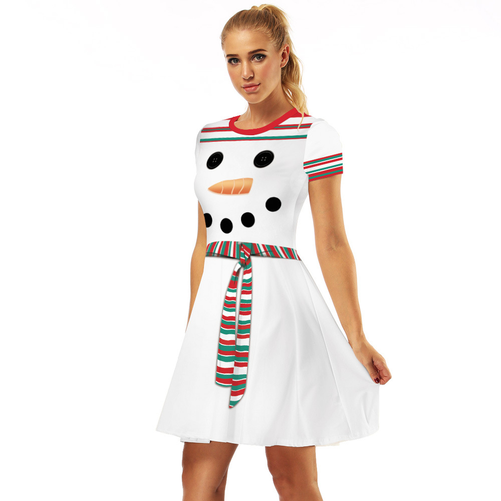 Cross-Border Hot Christmas Digital Printed Dress Short Sleeve round Neck Pleated Skirt Temperament Waist-Controlled Large Swing Skirt for Women