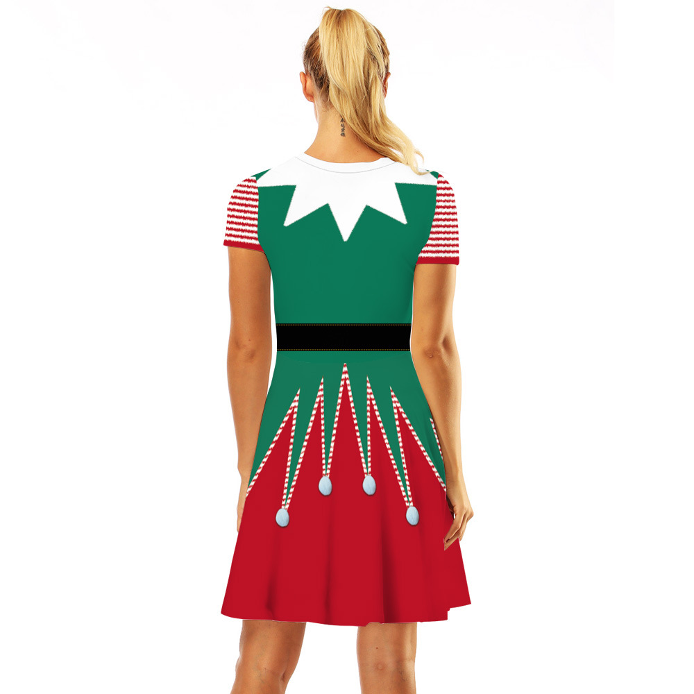 Cross-Border Hot Christmas Digital Printed Dress Short Sleeve round Neck Pleated Skirt Temperament Waist-Controlled Large Swing Skirt for Women