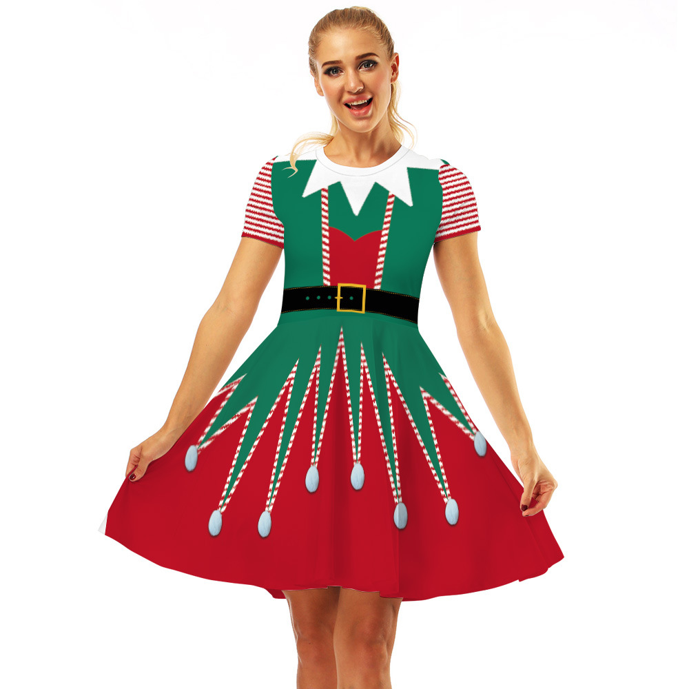 Cross-Border Hot Christmas Digital Printed Dress Short Sleeve round Neck Pleated Skirt Temperament Waist-Controlled Large Swing Skirt for Women
