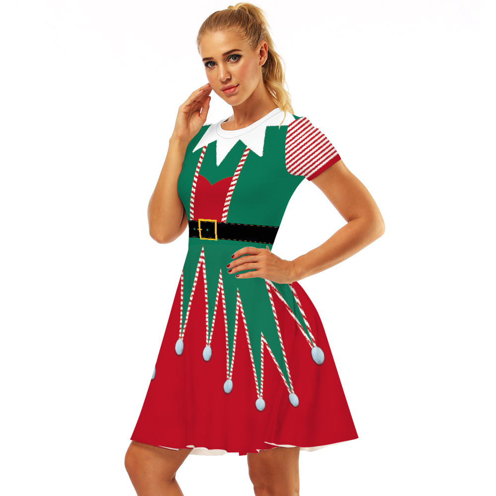 Cross-Border Hot Christmas Digital Printed Dress Short Sleeve round Neck Pleated Skirt Temperament Waist-Controlled Large Swing Skirt for Women
