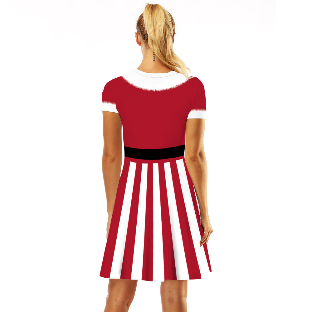 Cross-Border Hot Christmas Digital Printed Dress Short Sleeve round Neck Pleated Skirt Temperament Waist-Controlled Large Swing Skirt for Women