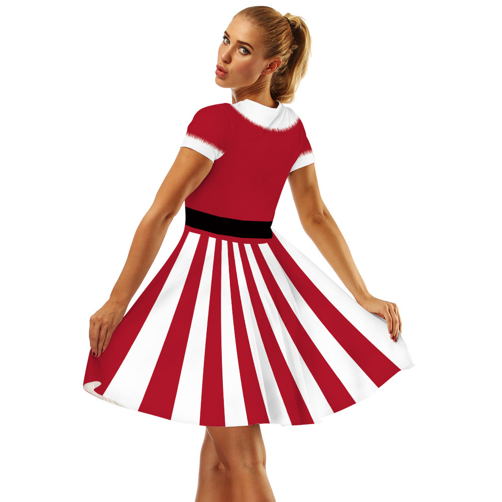 Cross-Border Hot Christmas Digital Printed Dress Short Sleeve round Neck Pleated Skirt Temperament Waist-Controlled Large Swing Skirt for Women