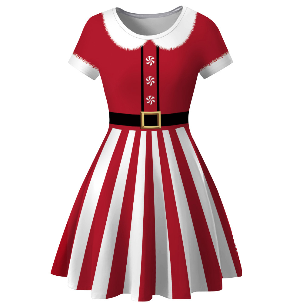 Cross-Border Hot Christmas Digital Printed Dress Short Sleeve round Neck Pleated Skirt Temperament Waist-Controlled Large Swing Skirt for Women